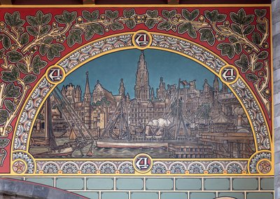Jernbanestasjonsbygning (Sint-Pietersstation). Interiør. 1912. Entreen. av Louis Cloquet