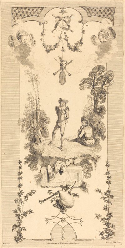 Shepherd danser til lyden av en fløyte av Louis Crépy after Antoine Watteau