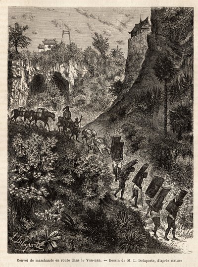 En konvoi av kjøpmenn og deres bærere på vei til Yunnan (Kina), gravert etter tegningen av L.Delaporte, for å illustrere utforskningsreisen i Indokina av Francis Garnier, skipsløytnant, i 1866-1868, publisert i "" Le tour du monde»» 187 av Louis Delaporte