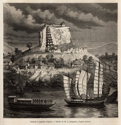 En stein med pagodescener og forskjellige båter på den blå elven (Kina), gravert etter tegningen av L.Delaporte, for å illustrere letereisen i Indokina av Francis Garnier, skipsløytnant, i 1866-1868, publisert i " ”Le tour du monde av Louis Delaporte