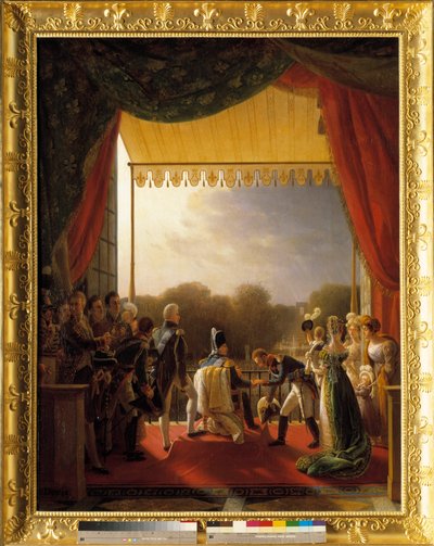 Ludvig XVIII, omgitt av medlemmer av kongefamilien, deltok på balkongen til Tuileriene, da den spanske hæren kom tilbake 2. desember av Louis Ducis