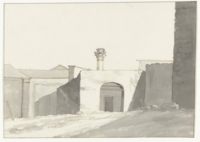 Antike zuil en bygninger i havn av Brindisi Fjernsyn av den antikke søylen [på havnen i Brindisi] Reiser i Italia, Sicilia og Malta - 1778 (serietittel) av Louis Ducros