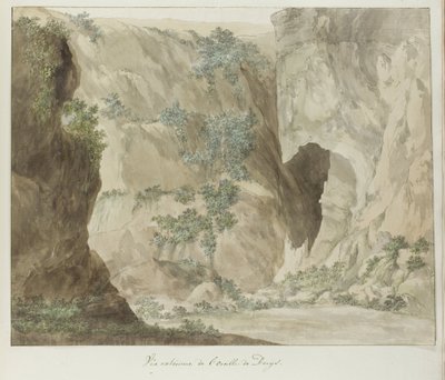 Buitenwand van de grot Øre av Dionysius Utvendig visning av øret til Dionysius (tittel på objekt) Reiser i Italia, Sicilia og Malta - 1778 (serietittel) av Louis Ducros