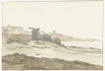 Utsikt over Barletta ligger langs kysten Utsikt over byen Barletta tatt fra havkysten (tittel på objekt) Reiser i Italia, Sicilia og Malta - 1778 (serietittel) av Louis Ducros