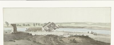 Gezicht op Canosa-broen over Ofanto-elven i Puglia Utsikt over Pont de Canosa over Ofanto (Aufidus) (tittel på objekt) Reise til Italia, Sicilia og Malta - 1778 (serietittel) av Louis Ducros