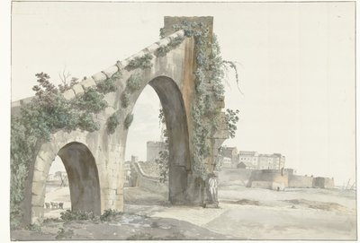 Utsikt over akvadukten i byen Taranto Utsikt over akvadukten og byen Taranto (tittel på objekt) Reiser i Italia, Sicilia og Malta - 1778 (serietittel) av Louis Ducros