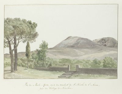 Utsikt over Monto Rosso nær klosteret San Nicolo d'Arena nær stedet Nicolosi Vue du Monte-Rosso, prize du couvent de S. Nicolo de l'Arena, près de Village de Nicoloze (tittel på objekt) Voyage en Italie, en Sicile et à Malte - 1778 (serie ti av Louis Ducros
