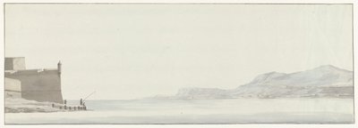 Oversikt over kysten av Calabria fra den ytterste punkten av vesting Messina Utsikt over kysten av Calabria tatt fra det ytre hjørnet av citadellet i Messina (tittel på objekt) Reiser i Italia, Sicilia og Malta - 1778 (serietittel) av Louis Ducros