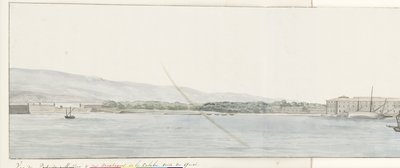 Utsikt over havn fra Messina og bergen fra Calabrië fra kade Utsikt over havnen i Messina og fjellene i Calabria, tatt fra kaien (tittel på objekt) Reiser i Italia, Sicilia og Malta - 1778 (serietittel) av Louis Ducros