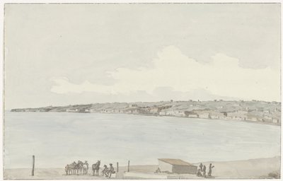 Utsikt over Pausilype-neset med det gamle palasset til dronning Jeanne og landskapet i Sannazar fra balkongen på vertshuset Vue du Promontoire de Pausilype, pris du balcon de notre auberge où se trouvent l'ancien Palais de la Reine Jeanne, le Ca av Louis Ducros