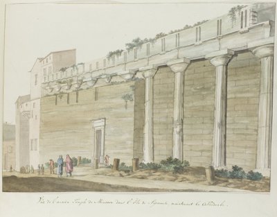Utsikt over gamle Minerva-tempelet på eiland Syracuse Utsikt over det gamle Minerva-tempelet på øya Syracuse (tittel på objekt) Reiser i Italia, Sicilia og Malta - 1778 (serietittel) av Louis Ducros