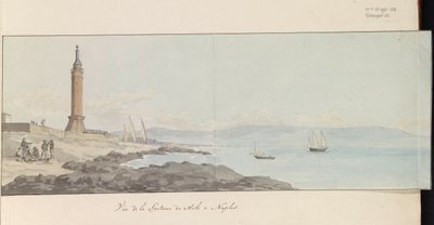 Utsikt over fyret ved havnehodet i Napoli Vue de la Lanterne du Mole à Napoli (tittel på objekt) Voyage en Italy, og Sicile et à Malte - 1778 (serietittel) av Louis Ducros