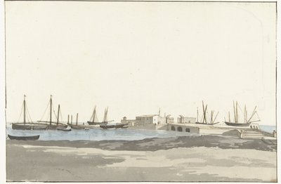 Barletta havn med skip Mole du port de Barletta (tittel på objekt) Voyage en Italy, og Sicile et à Malte - 1778 (serietittel) av Louis Ducros