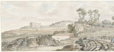 Interiør møtte trappen van-teateret i Syracuse Utsikt over interiøret og tribunen til Syracuse Theatre (tittel på objekt) Reiser i Italia, Sicilia og Malta - 1778 (serietittel) av Louis Ducros