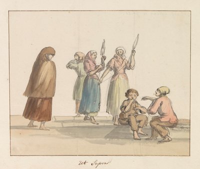 Tradisjonelle kostymer på øya Gozo Costume de Ghozo (tittel på objekt) Voyage en Italie, en Sicile et à Malte - 1778 (serietittel) av Louis Ducros