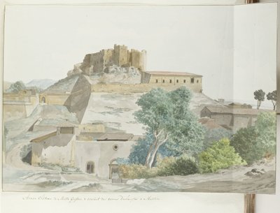 Oude kasteel van Mata en Grifone en het karmelieten klooster, grondvesten van Messina Tidligere Castle of Matta Griffone, & Convent of the Discalced Carmelites i Messina (tittel på objekt) Reiser i Italia, Sicilia og Malta - 1778 (serietittel) av Louis Ducros