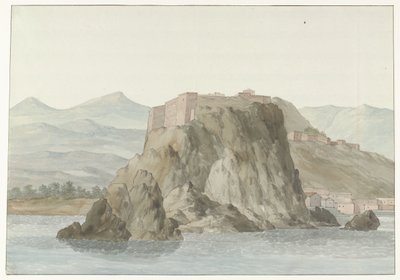 Stein og by Scilla i regionen Calabria sett fra havet på nordsiden Rocher & Ville de Scilla og Calabre; vue prize en mer, du côté du Nord (tittel på objekt) Voyage en Italy, og Sicile et à Malte - 1778 (serietittel) av Louis Ducros