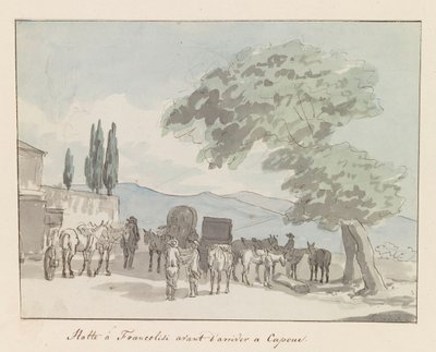 Stopp i Francolisi voor aankomst i Capua Stopp ved Francolisi før du ankommer Capua (tittel på objekt) Reiser i Italia, Sicilia og Malta - 1778 (serietittel) av Louis Ducros