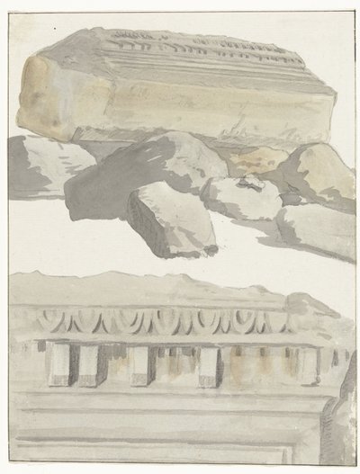 Twee stykker av et arkitraaf av det antikke tempelet i den gamle byen Manduria Utsikt over et rom i arkitraven til det gamle tempelet i den gamle byen Manduria Reiser i Italia, Sicilia og Malta - 1778 (serietittel) av Louis Ducros