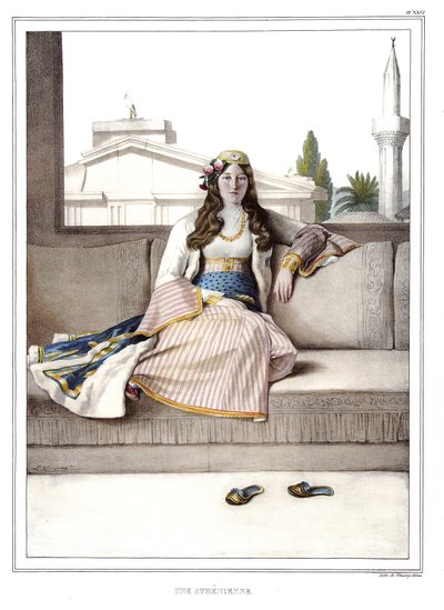 En athener. i "" Reisen til Athen og Konstantinopel, eller samling av greske og ottomanske portretter, utsikter og kostymer, malt på steder av etter naturen, litografier og farger av Louis Dupre (1789-1837), elev av David.1825. av Louis Dupré