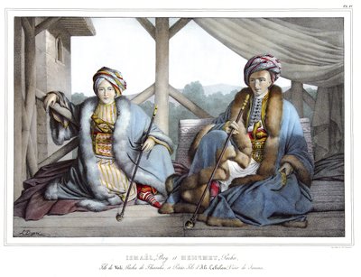 Ismael, Bey og Mehemet Pasha, sønn av Veli, pasha av Thessaly og barnebarn av Ali Tebelen (1741-1822), vizir av Janina, i "" Reisen til Athen og Konstantinopel, eller samling av greske og osmanske portretter, utsikter og kostymer, malt på steder av natu av Louis Dupré