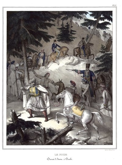 Le Pinde, traversee de Janina a Tricala. i "" Reisen til Athen og Konstantinopel, eller samling av greske og osmanske portretter, utsikter og kostymer, malt på steder etter naturen, litografier og farger av Louis Dupre (1789-1837), elev av David.1825 av Louis Dupré