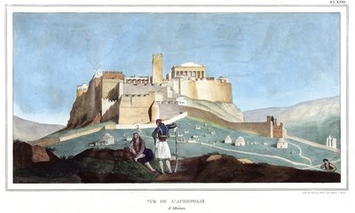 Utsikt over Akropolis i Athen. i "" Reisen til Athen og Konstantinopel, eller samling av greske og ottomanske portretter, utsikter og kostymer, malt på steder i naturen, litografier og farger av Louis Dupre (1789-1837), elev av David.1825. av Louis Dupré