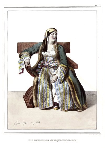 En gresk dame fra Livadie. i "" Reisen til Athen og Konstantinopel, eller samling av greske og ottomanske portretter, utsikter og kostymer, malt på steder i naturen, litografier og farger av Louis Dupre (1789-1837), elev av David.1825. av Louis Dupré