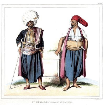 En janitsjar av palasset og en bostangi (gartner av serail). i "" Reisen til Athen og Konstantinopel, eller samling av greske og osmanske portretter, utsikter og kostymer, malt på natursteder, litografier og farger av Louis Dupre (1789-183) av Louis Dupré
