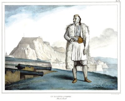 En Suliote på Korfu, Nicolo Pervoli, i "" Reisen til Athen og Konstantinopel, eller samling av greske og osmanske portretter, utsikter og kostymer, malt på steder etter naturen, litografier og farger av Louis Dupre (1789-1837), elev av David .1825. av Louis Dupré