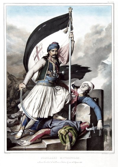 Nikolacki Nitropolos, iført korsets standard ved festningen Salona hentet fra det osmanske riket, påskedag 1821. i "" Reisen til Athen og Konstantinopel, eller samling av greske og osmanske portretter, utsikt og kostymer, malt på av Louis Dupré
