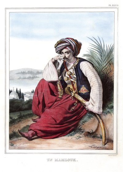 Un mamlouk (Mamluk). i "" Reisen til Athen og Konstantinopel, eller samling av greske og osmanske portretter, utsikter og kostymer, malt på steder etter naturen, litografier og fargetoner av Louis Dupre (1789-1837), elev av David.1825. av Louis Dupré