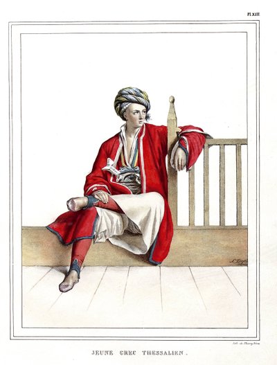 Ung gresk tessalier. i "" Reisen til Athen og Konstantinopel, eller samling av greske og osmanske portretter, utsikter og kostymer, malt på steder etter naturen, litografier og fargetoner av Louis Dupre (1789-1837), elev av David.1825. av Louis Dupré