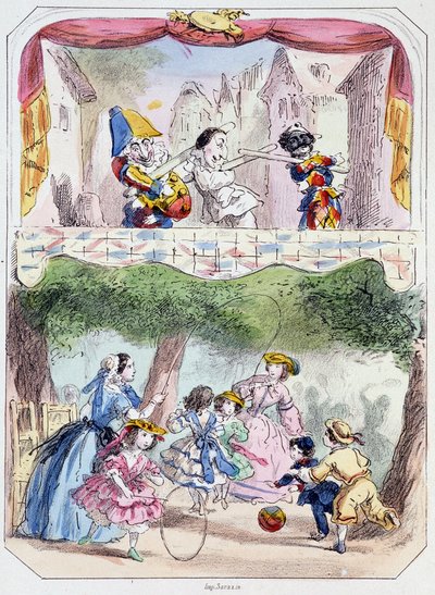 Punchinello-lærer - Litografi, fra Theatre des marionnettes du jardin des Tuileries, tekst og tegning av Louis Edmond Duranty (1833-1880), Paris av Louis Edmond Duranty