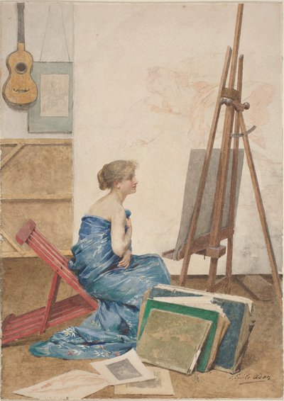 Et malerstudio med en modell pakket inn i japansk silke av Louis Emile Adan