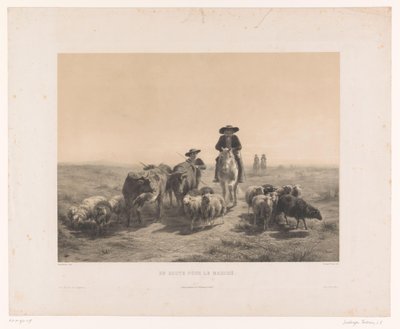 Bonde og gjeter med kyr og sauer på vei til markedet En route pour le marché (tittel på objekt) av Louis Emmanuel Soulange Teissier
