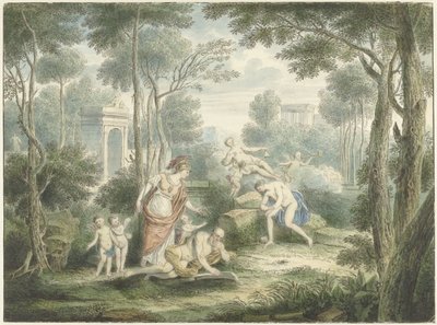 Arkadisk landskap med Athena som kroner en gammel mann og Venus og Adonis av Louis Fabritius Dubourg
