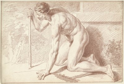 Mann naken, knelende, med stokk, vendt mot venstre av Louis Fabritius Dubourg