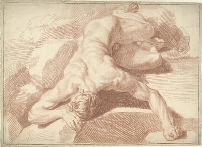 Naken mann, liggende på magen, forkortet av Louis Fabritius Dubourg