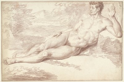 Naken mann, liggende på siden, vendt mot høyre av Louis Fabritius Dubourg