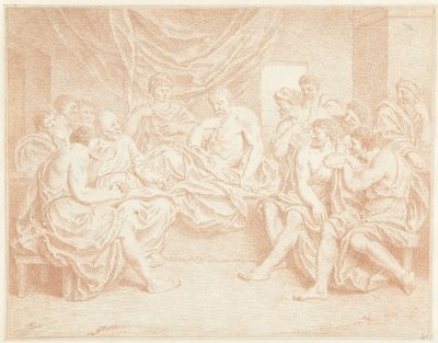 Gammel mann på sengen omgitt av mennesker av Louis Fabritius Dubourg