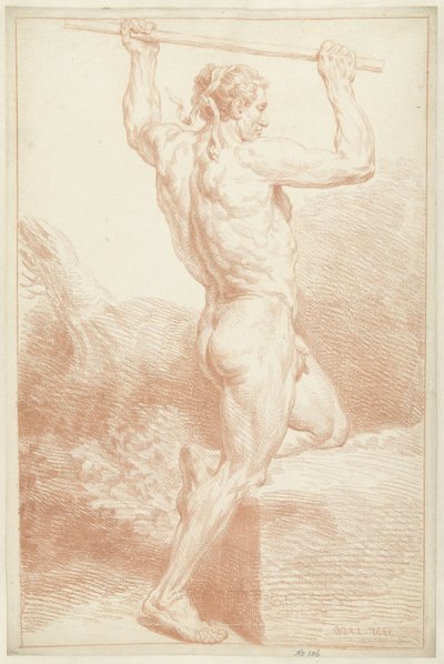 Studie av en naken mann, på ett kne, med en pinne over hodet av Louis Fabritius Dubourg