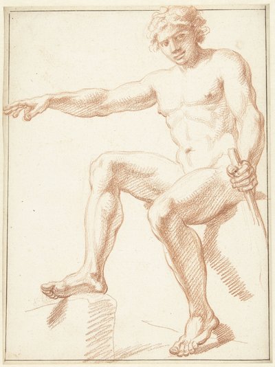 Studie av en mannlig naken, sittende med utstrakt arm av Louis Fabritius Dubourg