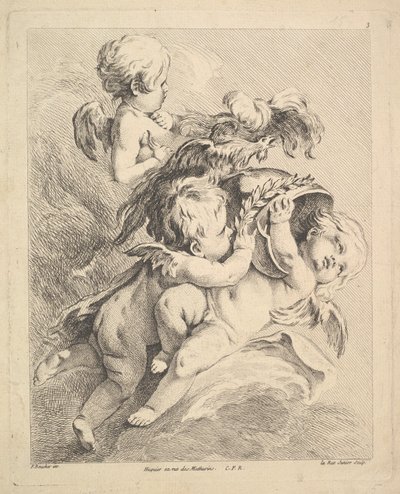 Tre amoriner som holder en hjelm. av Louis Felix de la Rue