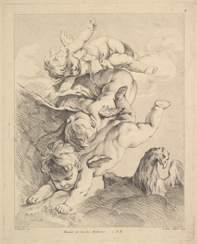 Tre amoriner som snur en salto, en ørn til høyre. av Louis Felix de la Rue