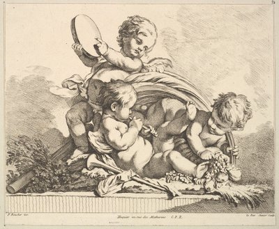 Tre amoriner, to spiller musikk, en holder palmeblader. av Louis Felix de la Rue
