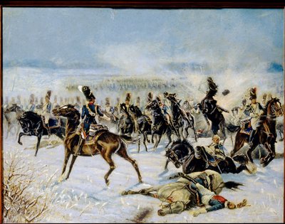 Slaget ved Eylau, 20. februar 1807. (Slaget ved Preussisch Eylau 8. februar 1807). Militær konfrontasjon mellom den franske Grande Armee av Napoleon I (1769-1821) og det russiske imperiet. Verk av Louis Ferdinand Malespina (1874-1940), olje på ca av Louis Ferdinand Malespina