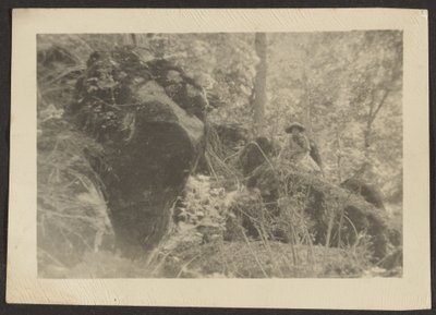 [Kvinne på steiner i skogen] av Louis Fleckenstein