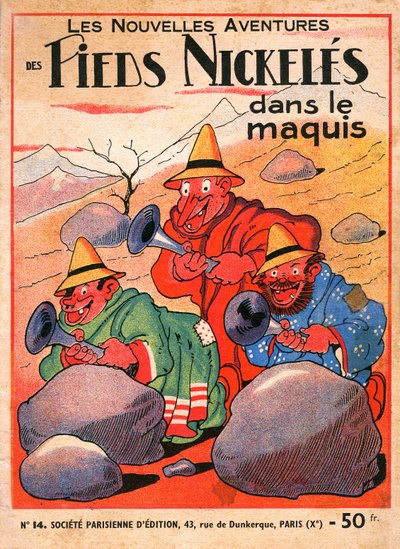 cover av et tegneseriealbum av Louis Forton (1879-1934): Les Pieds Nickeles dans le maquis (1949-utgaven av bind 14 av trioens eventyr). Croquignol, Ribouldingue og Filochard på Korsika. ©Gusman/Leemage av Louis Forton