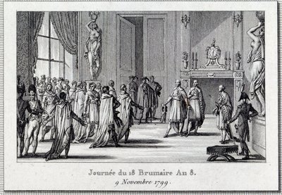 Konsulat: "" Napoleon Bonaparte (1769-1821) på møtet til Saint Cloud på den 18 brumaire (9/11/1799)" Statskuppet av de 18 brumaire av Napoleon Bonaparte ved Council of Five Cents (Five Cents) ) (rom på 500), beskyttet av grenaderer, avslutter D av Louis Francois Couche